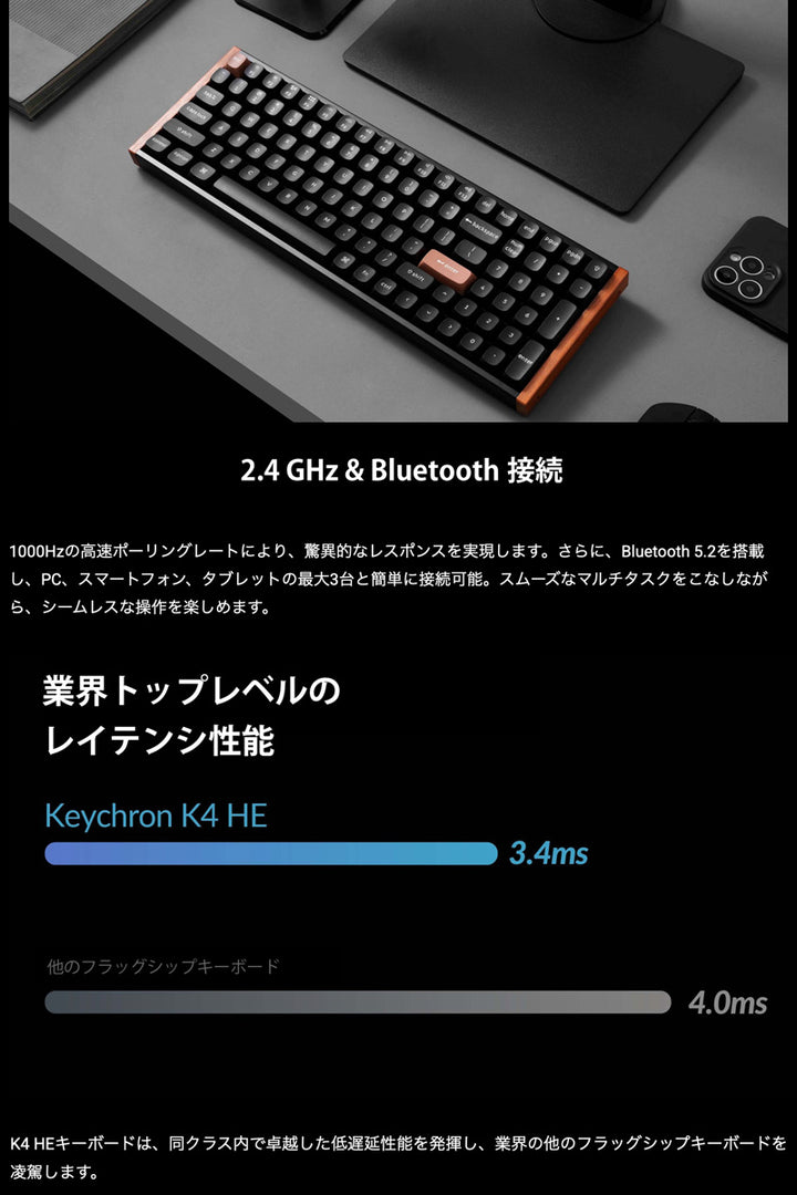 Keychron K4 HE スペシャルエディション マグネットスイッチ搭載 QMK Mac英語配列 Bluetooth 5.2 / 2.4GHz ワイヤレス テンキー付き ホットスワップ Gateron ダブルレール Nebula RGBライト カスタムメカニカルキーボード