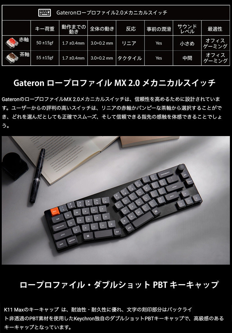 Keychron K11 Maxカスタムメカニカルキーボード 日本語配列 Aliceレイアウト QMK 有線 / Bluetooth 5.1 / 2.4GHz ワイヤレス 両対応 テンキーレス Gateron ロープロファイル MX 2.0 PBTダブルショットキーキャップ  Mac / Windows対応