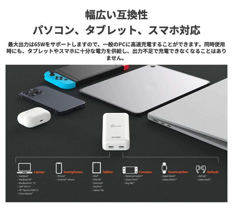 j5 create USB Type-C 65W 2ポート GaN スリム USB PD対応 急速充電器 ホワイト