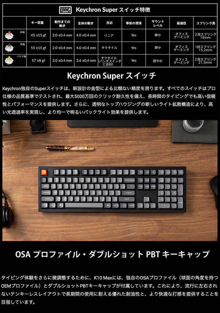 Keychron K10 Max QMK フルサイズ ワイヤレス メカニカルキーボード 日本語配列 ホットスワップ Keychron Super スイッチ PBTダブルショットキーキャップ   Mac / Windows対応
