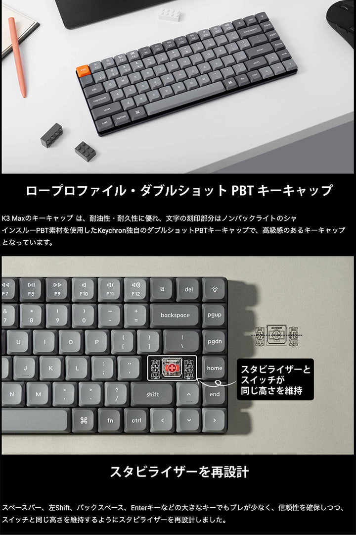 Keychron K3 Max ワイヤレス メカニカルキーボード 日本語配列 ダブルショットキーキャップ Gateron ロープロファイル 2.0 PBT  Mac / Windows 対応