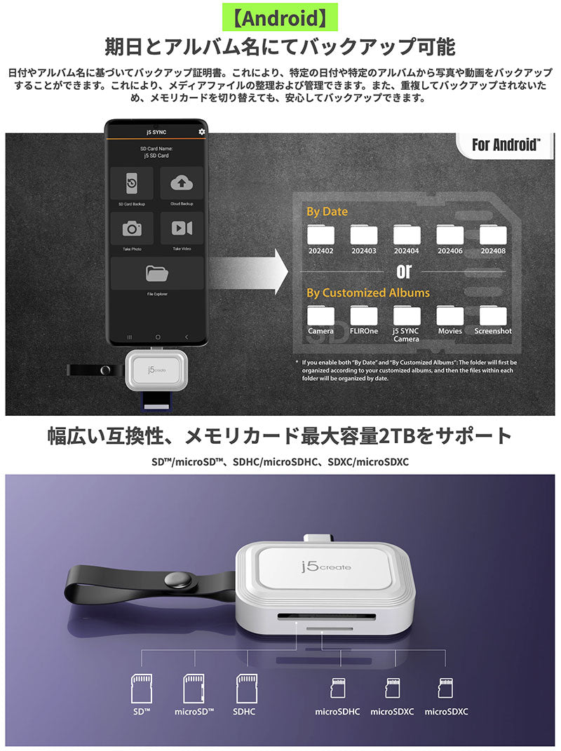 j5 create 直付 USB-C to SD / microSD カードリーダー