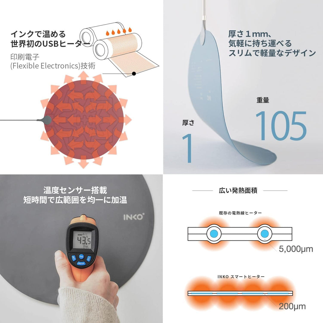 INKO Heating Mat Heal 薄型 USBヒーター グレー