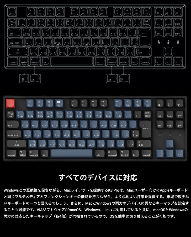 Keychron K8 Pro 日本語配列 (JIS配列)  ワイヤレス メカニカルキーボード  Windows/Android/Mac/iOS対応