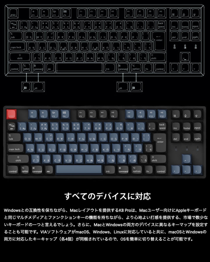 Keychron K8 Pro 日本語配列 (JIS配列)  ワイヤレス メカニカルキーボード  Windows/Android/Mac/iOS対応