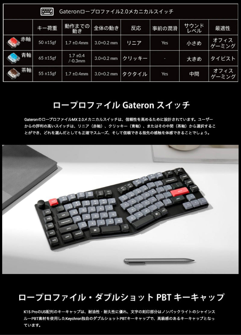 Keychron K15 Pro QMK/VIA Mac英語配列 Aliceレイアウト 有線 / Bluetooth 5.1 ワイヤレス 両対応 テンキーレス ホットスワップ Gateron Low Profile 2.0 89キー RGBライト メカニカルキーボード