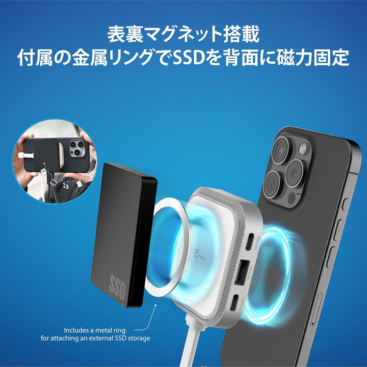 j5 create JCH168W USB Type-C iPhone専用 マグネット搭載 4in1 PD対応 マルチハブ USB A / Type-C / PD60W / SDカード 4ポート ProRes録画対応 撮影補助 ホワイト 6.1、6.7インチ対応