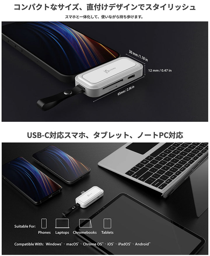 j5 create 直付 USB-C to SD / microSD カードリーダー PD100W対応