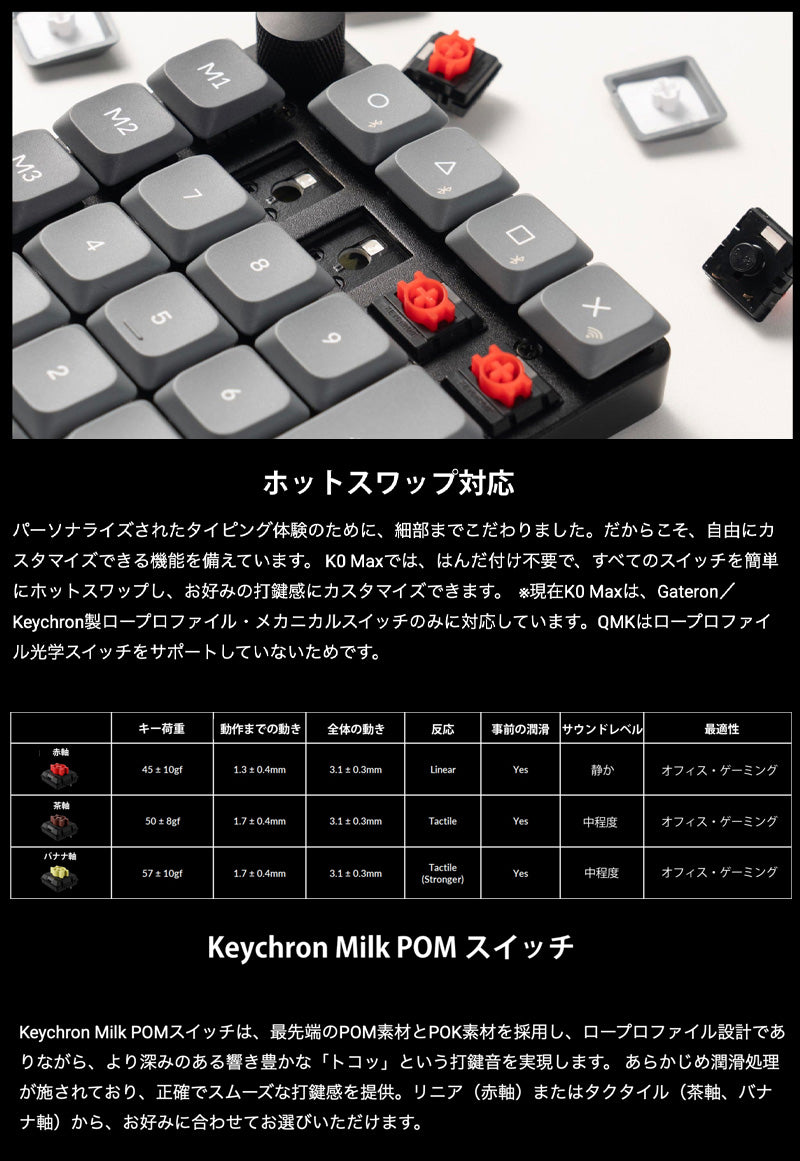 Keychron K0 Max QMK カーボンブラック カスタムテンキー 有線 / 2.4GHz / Bluetooth 5.3 ワイヤレス 両対応 Keychron Milk POM ロープロファイルメカニカルスイッチ ホットスワップ RGBライト カスタムメカニカルテンキーボード