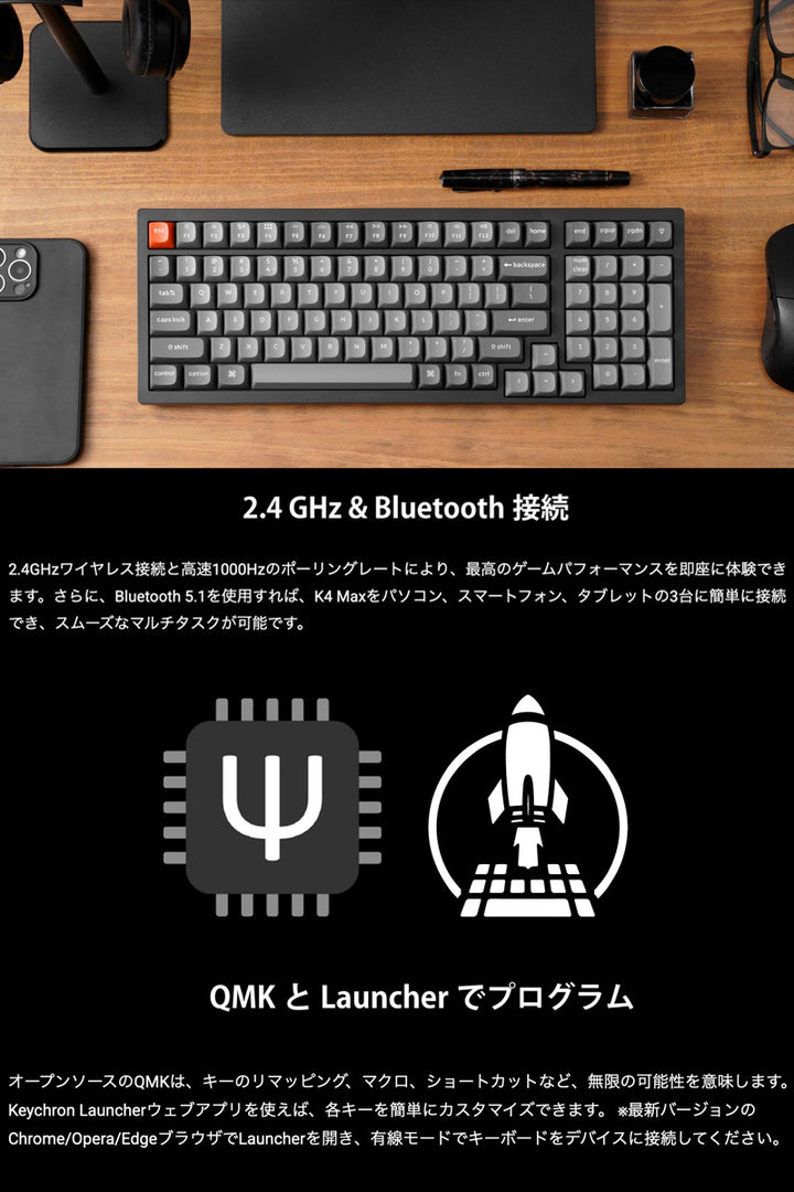 Keychron K4 Max スペシャルエディション QMK Mac日本語配列 有線 / Bluetooth 5.1 / 2.4GHz ワイヤレス両対応 テンキー付き Keychron K Pro サイレントスイッチ 静音スイッチ WHITE LEDライト カスタムメカニカルキーボード