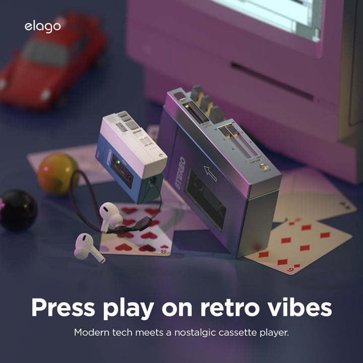elago AirPods Pro 第2世代 CASSETTE PLAYER CASE カセットプレーヤー風 ストラップ付きケース Blue