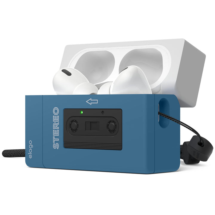 elago AirPods Pro 第2世代 CASSETTE PLAYER CASE カセットプレーヤー風 ストラップ付きケース Blue