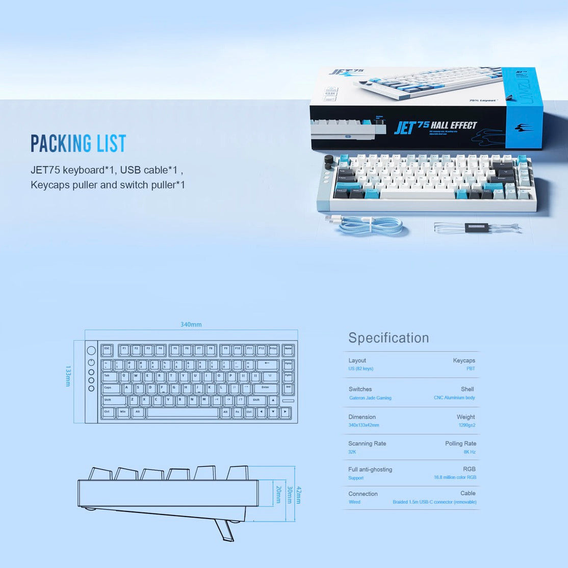 LAMZU Jet75 ゲーミングキーボード US配列 有線 82キー ラピッド