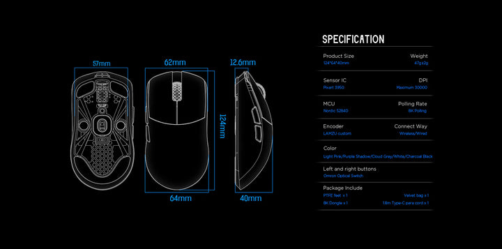LAMZU Maya X 8Kレシーバー付属 超軽量 約47g ワイヤレスゲーミングマウス Light Pink  8000Hz ポーリングレートに対応 Pixart PMW3950 ARM Cortex-M4