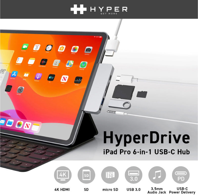 HYPER++ HyperDrive iPad Pro 6-in-1 USB-C Hub PD対応 HDMI SD / micro SD 3.5mmオーディオ USBハブ