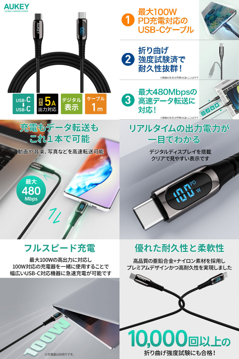 AUKEY USB Type-C - Type-C ケーブル Cable Impulse DigitalDisplay 1m ブラック デジタル出力表示 最大100W PD対応