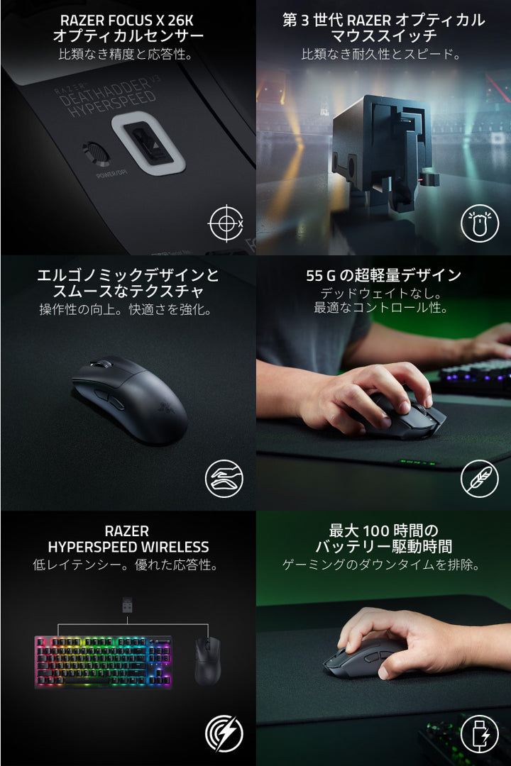 Razer DeathAdder V3 HyperSpeed 有線 / 2.4GHz ワイヤレス 両対応 エルゴノミックデザイン 超軽量ゲーミングマウス Black