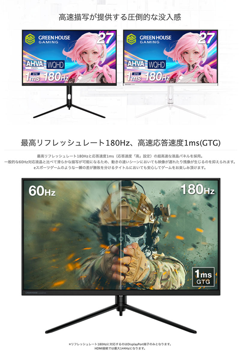 GreenHouse 27型 180Hz WQHD ゲーミングディスプレイ 液晶
