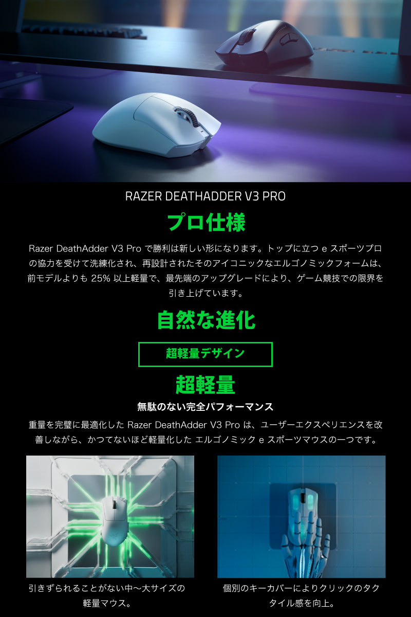 Razer DeathAdder V3 Pro: 最軽量エルゴノミック eスポーツマウスで