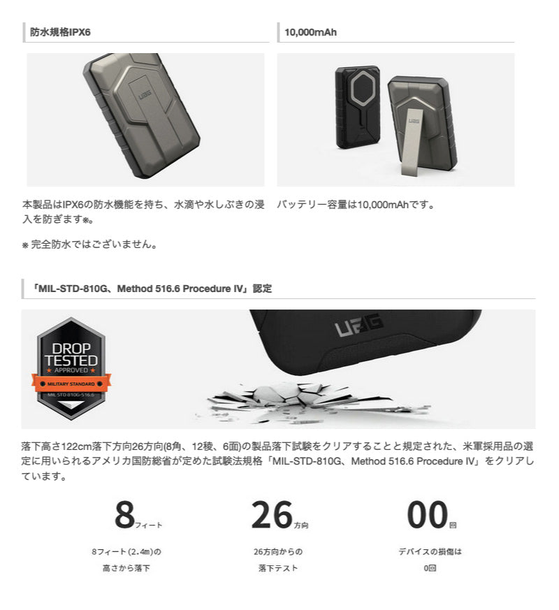 UAG RUGGED 10K WIRELESS POWER BANK WITH STAND 10,000mAh マグネット式ワイヤレス充電対応モバイルバッテリー ブラック/チタン