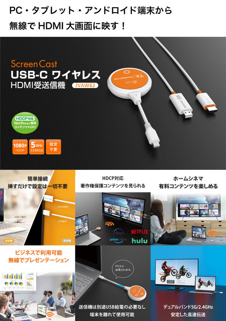 j5 create ScreenCast USB Type-C to HDMI ワイヤレスエクステンダー 送受信機