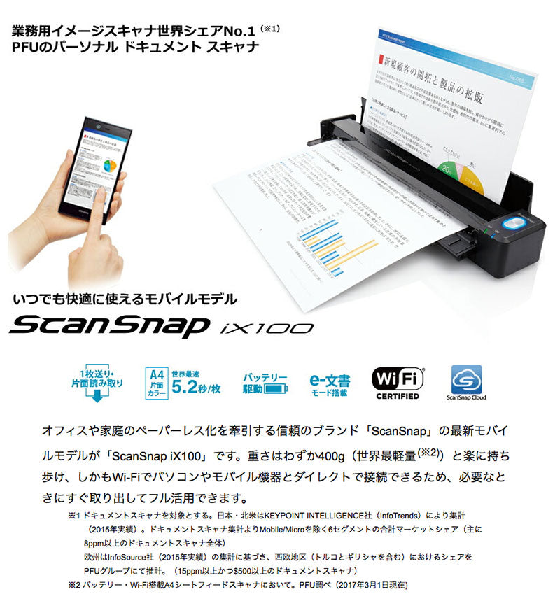 PFU リコー ScanSnap iX100 ドキュメント スキャナー バッテリーとWi-Fiを搭載 会計 確定申告 経費精算 ...