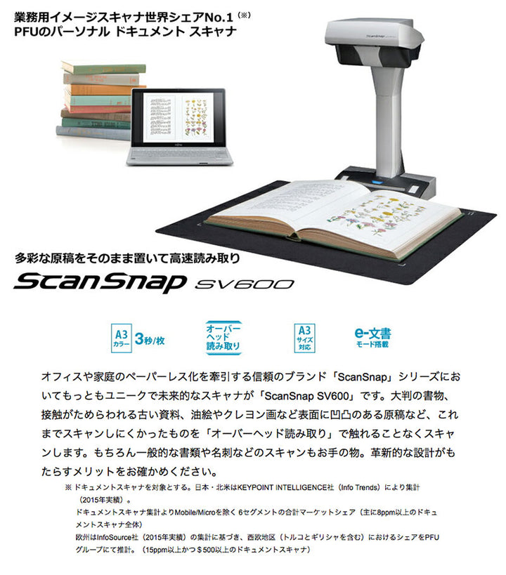 PFU リコー ScanSnap SV600 ドキュメントスキャナー  A3サイズ対応  書類スキャン PDF化 紙レス化  FI-SV600B