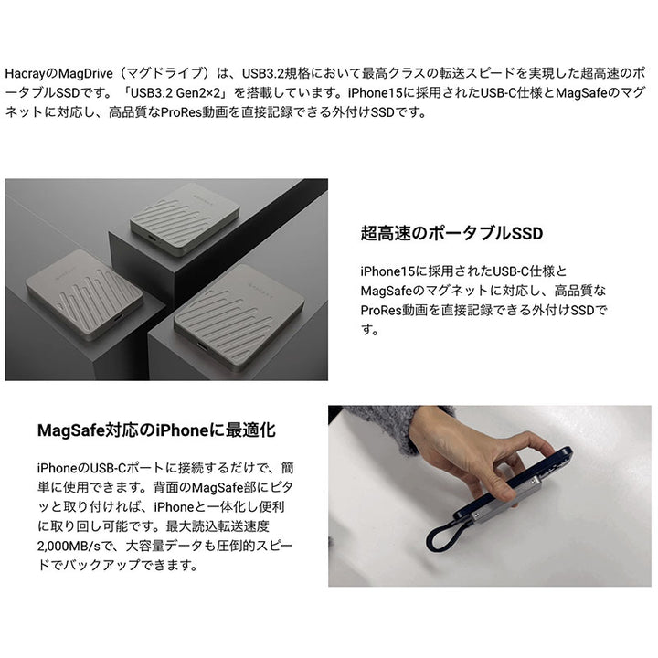 HACRAY MagDrive MagSafe対応 ポータブルSSD iPhone 16 / 15シリーズ対応