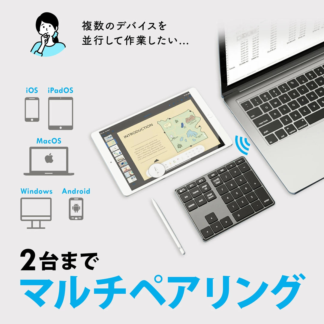 iClever Bluetooth 5.1 ワイヤレス テンキー IC-KP10 シルバーブラック ワイヤレスキーボード 左手デバイス テンキー iPad /Android / Windows対応