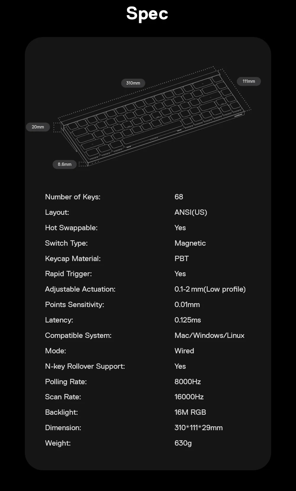 MelGeek MADE68 AIR ラピッドトリガー対応 65% ゲーミングキーボード 英語配列 有線 8000Hz テンキーレス 68キー   ロープロファイル