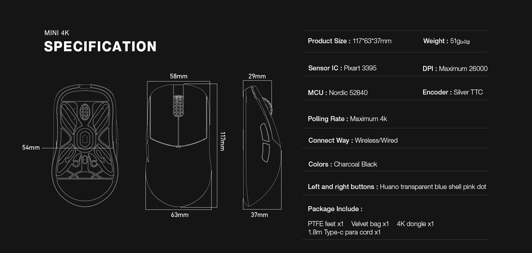 LAMZU Atlantis Mini 4K 4Kレシーバー付属 超軽量 約51g ワイヤレスゲーミングマウス Charcoal Black