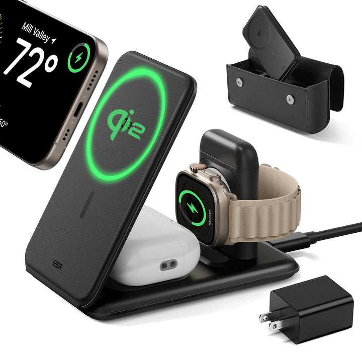 ESR Qi2 3-in-1 Travel Wireless Charging Set 最大25W iPhone Apple Wacth AirPods対応 トラベルワイヤレス充電セットブラック