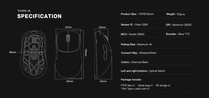 LAMZU Thorn 4K 4Kレシーバー付属  超軽量 約52g ワイヤレスゲーミングマウス Black