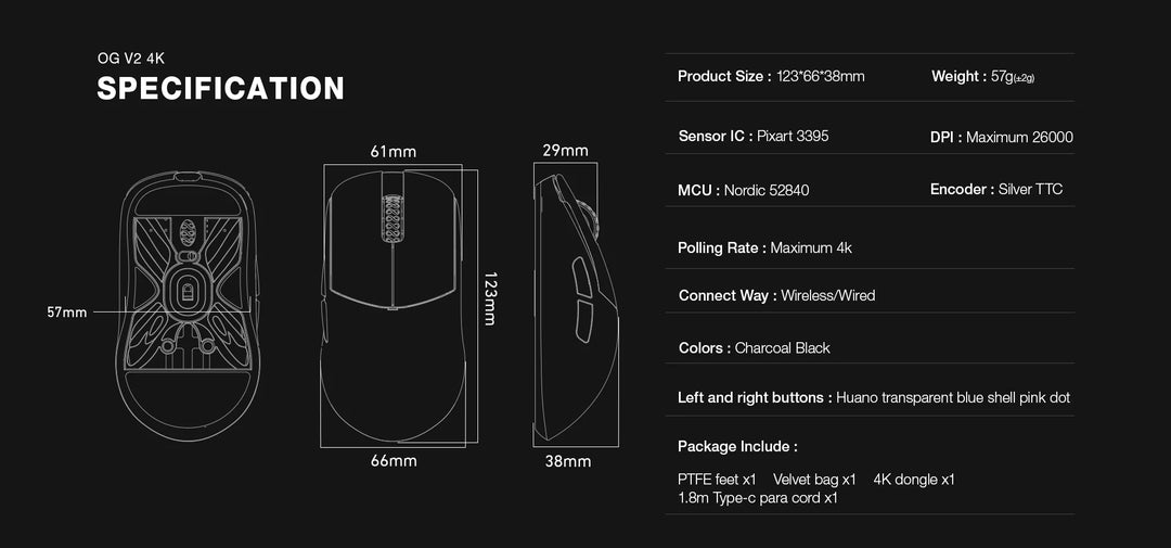 LAMZU Atlantis OG V2 4K 4Kレシーバー付属 超軽量 約57gワイヤレスゲーミングマウス Charcoal Black